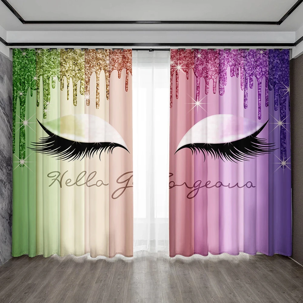 

2PC Home Decoration Curtains, Multi-Color Cartoon Eyes Eyelashes Shiny Window Curtains For Bedroom Kitchens,Cafes, Living Room