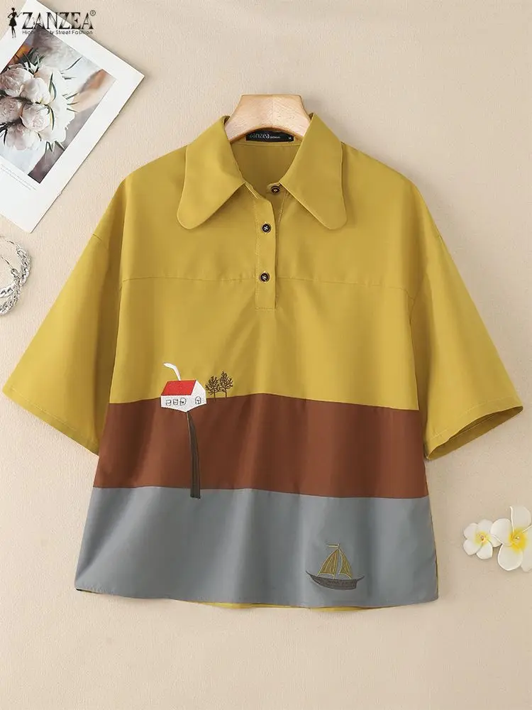 ZANZEA Polo da donna in colore a contrasto estivo Camicie casual allentate Colletto rovesciato Manica corta Camicette ricamate Donna Top 3XL