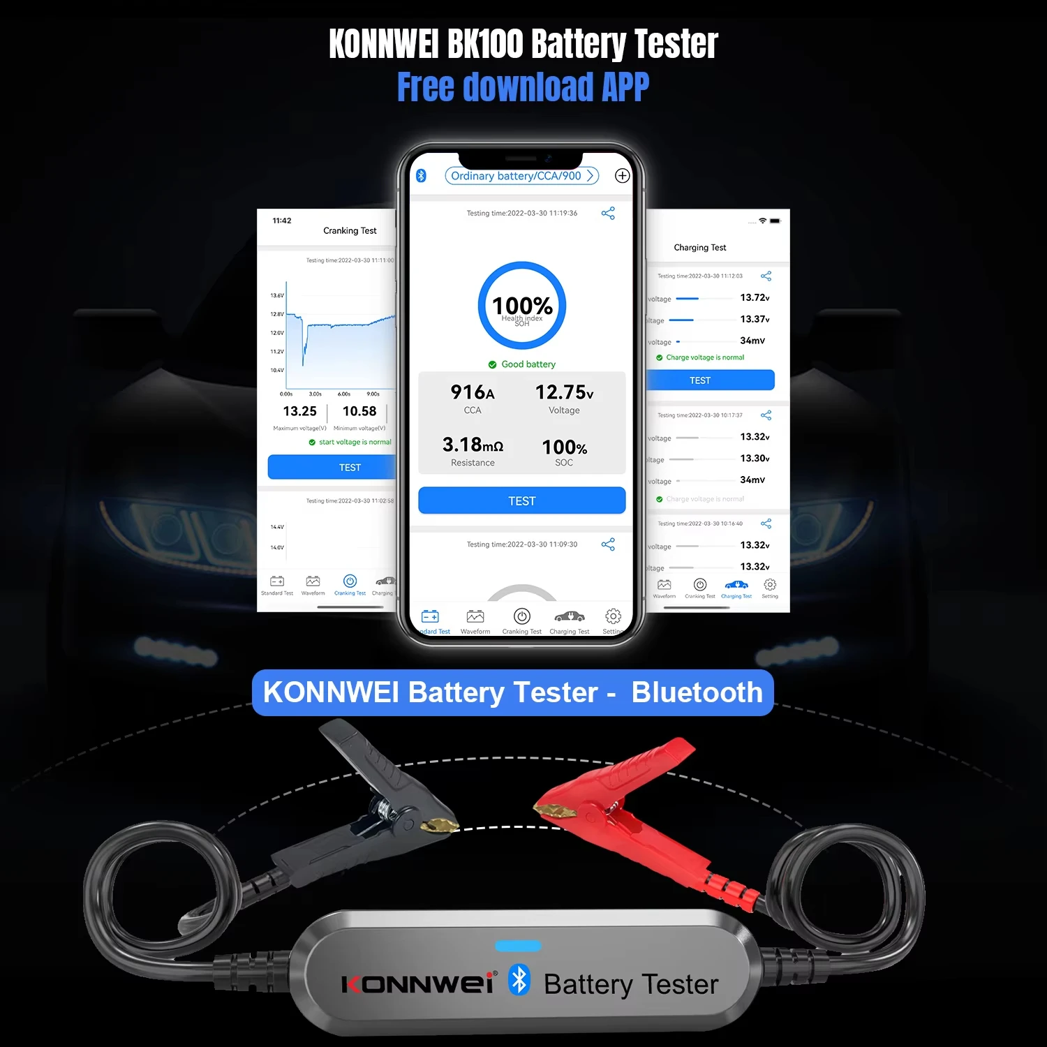 KONNWEI BK100 Bluetooth 5.0 Car Motorcycle Battery Tester 6V 12V Battery Monitor 100 to 2000 CCA Charging Cranking Test Tools