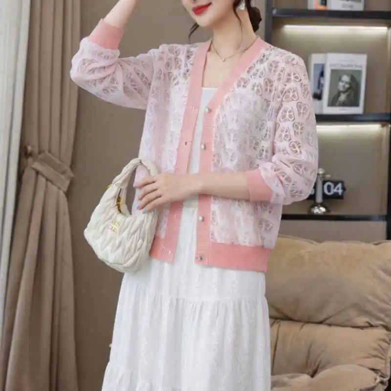 2026 Women Thin Knitted Sweater Lace Hollowed Out Cardigan Outerwear Sun Protection Coat Air Conditioning Summer Breathable Top