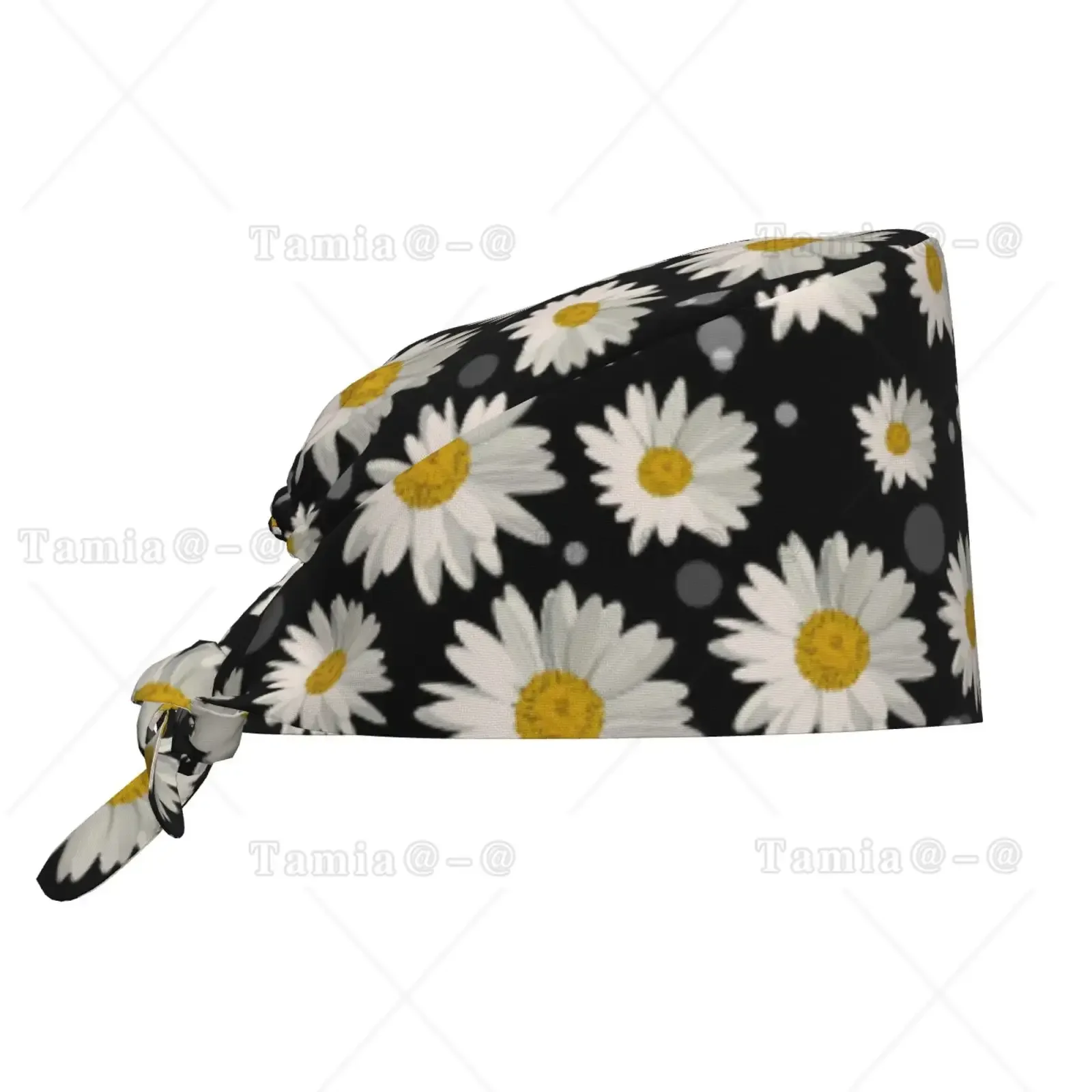Daisy Print Unisex Adjustable Working Cap Nurse Chef Hat with Tie-Back Design Floral Pattern Laboratory Pet Shop Nursing