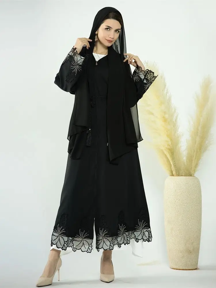 Zipper Open Or Close Lace Embroidery Modest Kimono Abaya Dubai Luxury Kaftan Muslim Dress Islam For Women Caftan Robe Musulmane