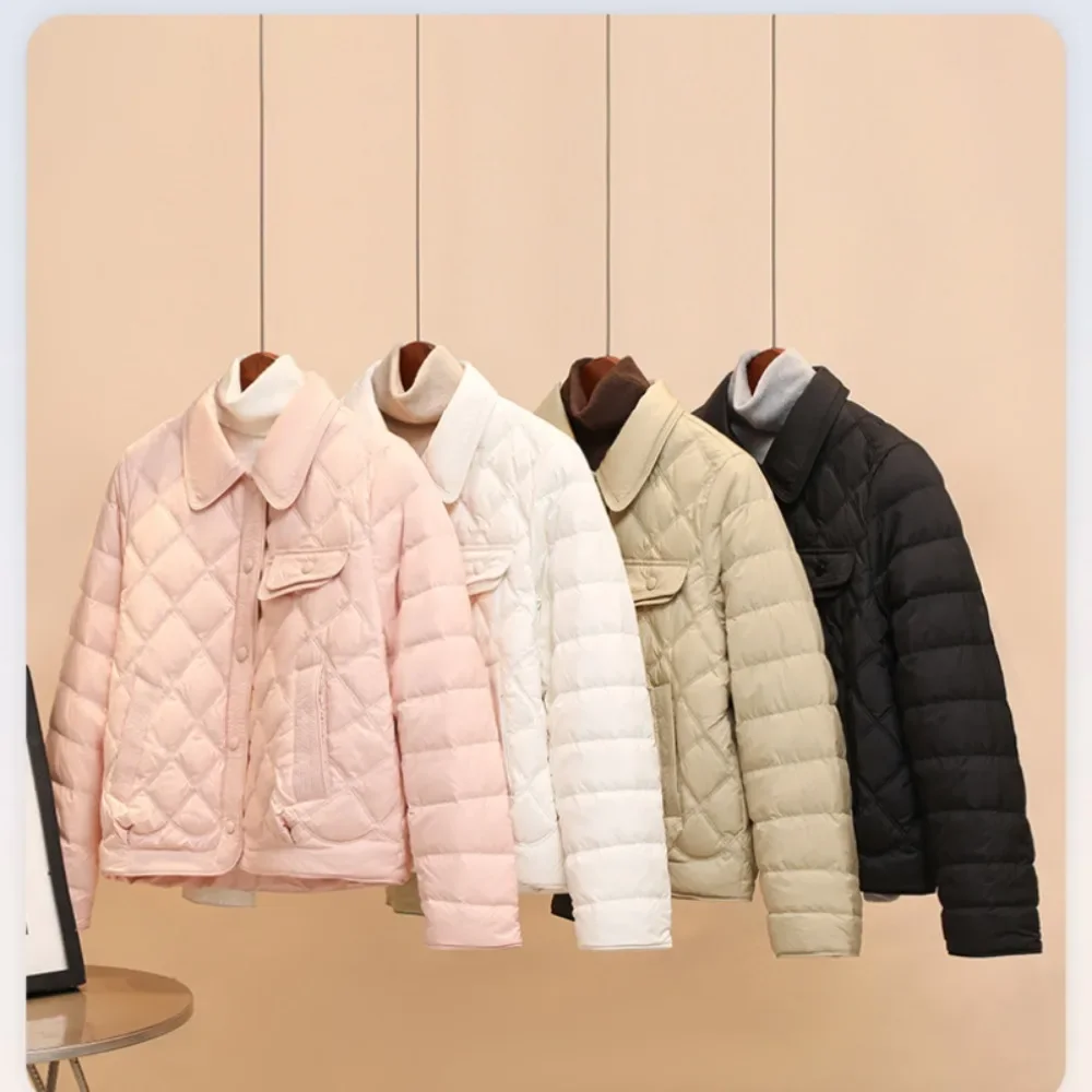 2024 New Winter Turn-down Collar Simple Casual Fashion Warm Down Coat Female Korean Office Lady White Duck Down Jacket Women