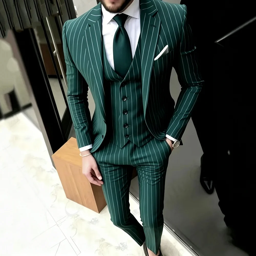 Fashion Green Stripe Single Breasted Suits for Men 3 Pieces Blazer Vest Pants Wedding Guest Groom Tuxedos Business Male Clothing