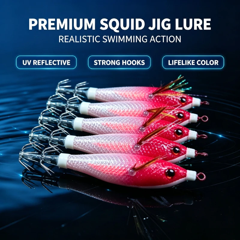 Lot de 5 leurres horizontaux pour calamar Egi, avec tinsel UV lumineux, imitation crevette, yeux 3D, hameçons parapluie tranchants, pour la pêche nocturne en mer