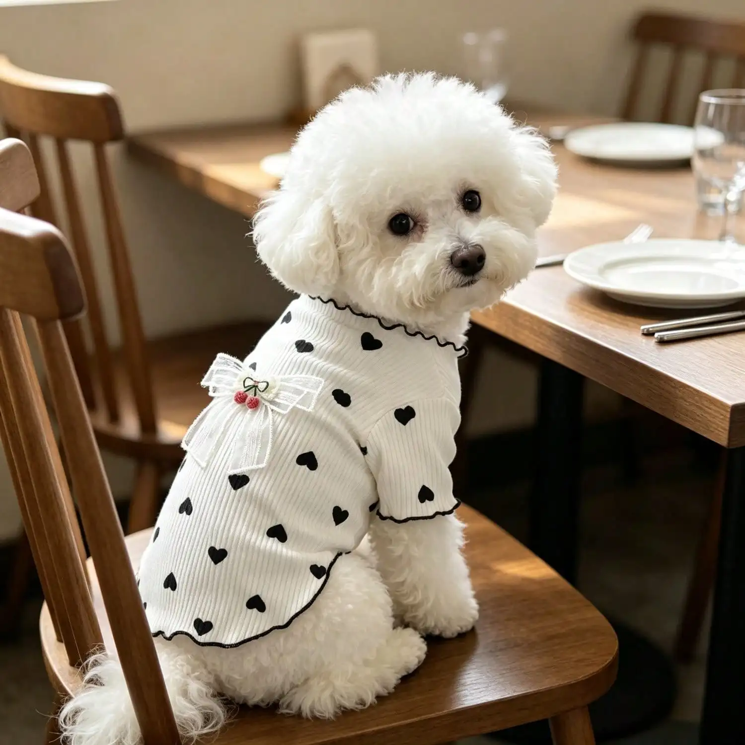 1 Stück Haustier-Hundetop mit Herz-Print, Rüschenbesatz, niedlicher Netzschleife und Kirschdekoration, Pullover-Shirt, weiche Strickkleidung – Detail 20