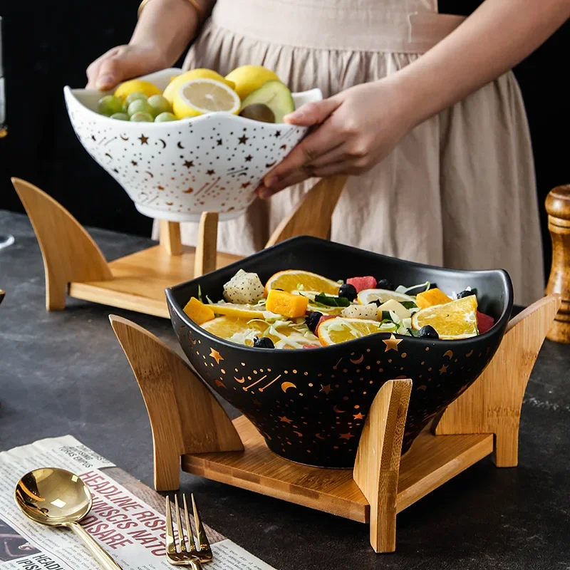 Nordic style ceramic baking bowl household, tableware salad   simple wooden rack noodle soup  star and moon salad bowl