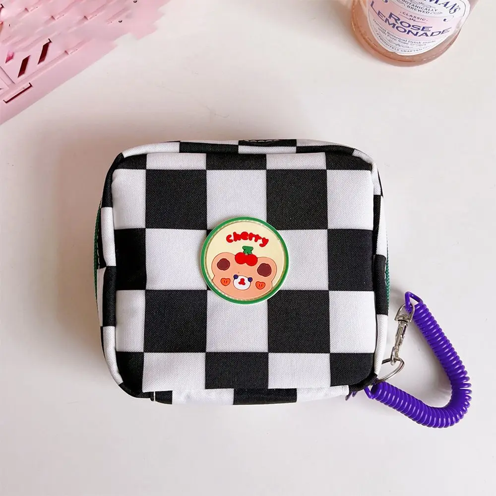 Small Simple Lattice Flower Cute PU Storage Bag Chessboard Cosmetic Bag Lipstick Bag Sanitary Napkins Case