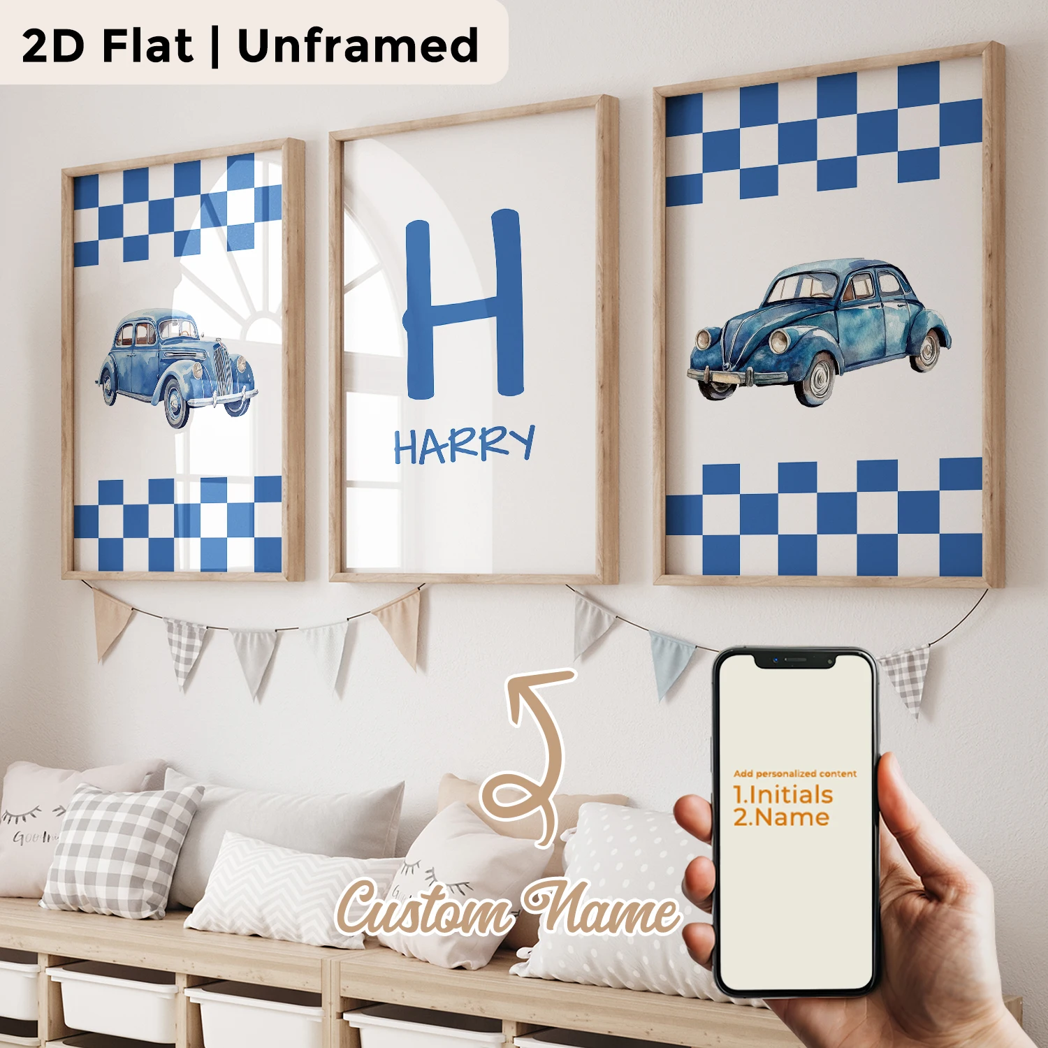 3pcs Personalized Custom Name Cartoon Sedan Wall Art Print Picture Canvas Poster Painting For Living Room Home Decor