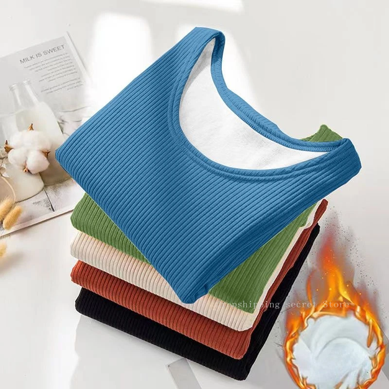 Add Velvet Thick Warm Underwear Top Women Winter New Fat Round Collar Bottom Shirt Slimming A Hundred Matching Thread Top