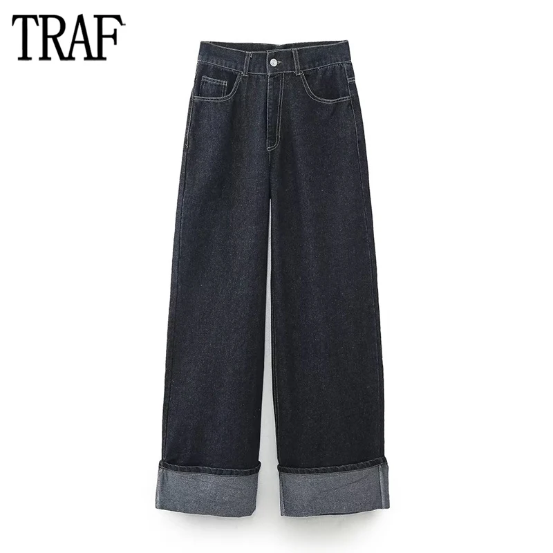 TRAF 2024 Denim Jeans Women Cargo Wide Leg Jeans for Women High Waist Baggy Pants Woman Streetwear Turn up Women's Denim Pants