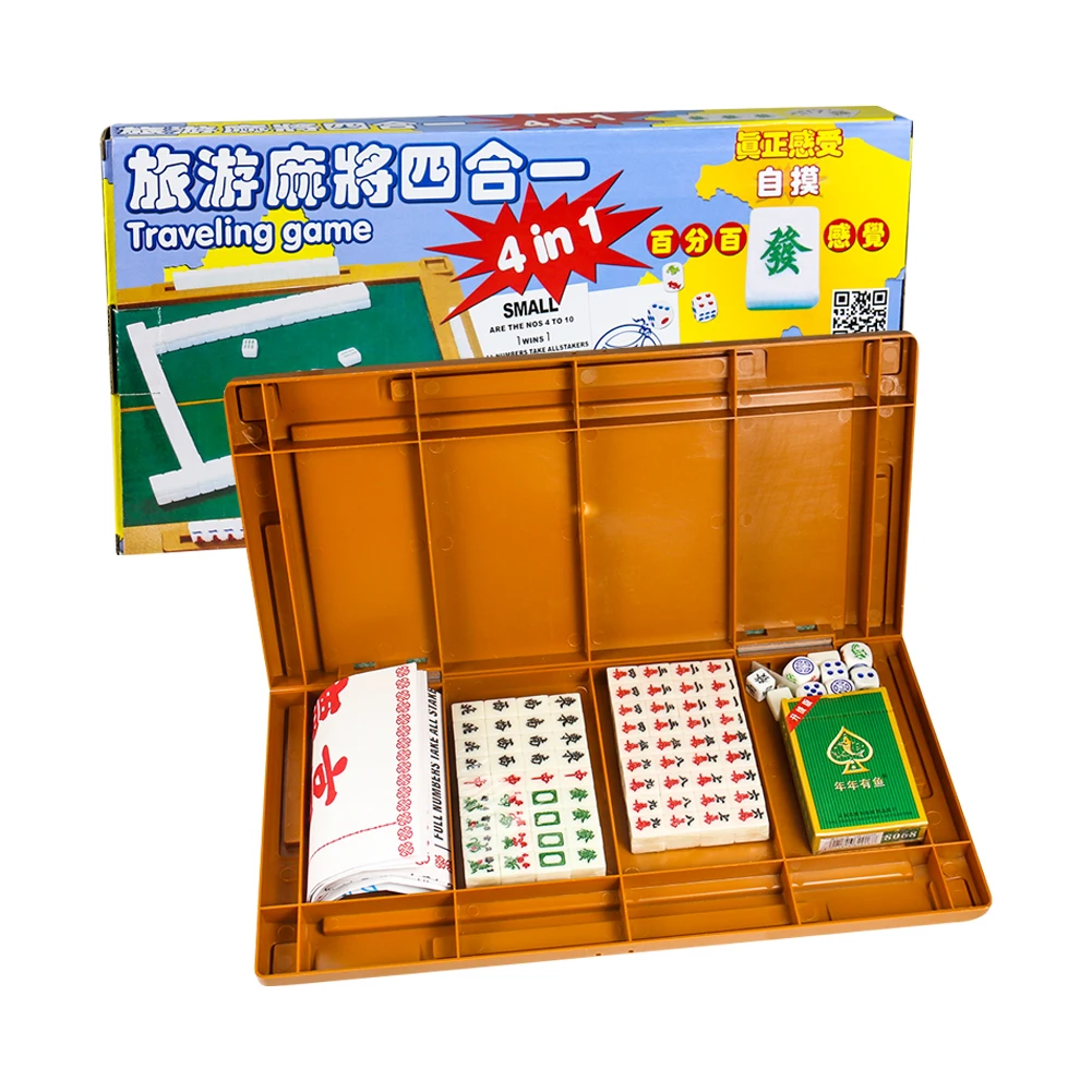 Mini Travel Mahjong Set,Portable Mahjiang Tiles with Table Dice,Chinese Toy,Party Gambling Board Games,4 in 1,144 Tiles,Mah-Jong