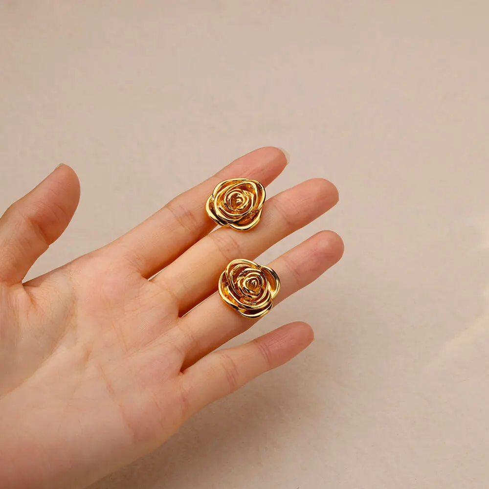 Rose Flower Stainless Steel Stud Earrings for Women Gold Color Wedding Aesthetic Round Wedding Earring Trend 2024 Jewelry