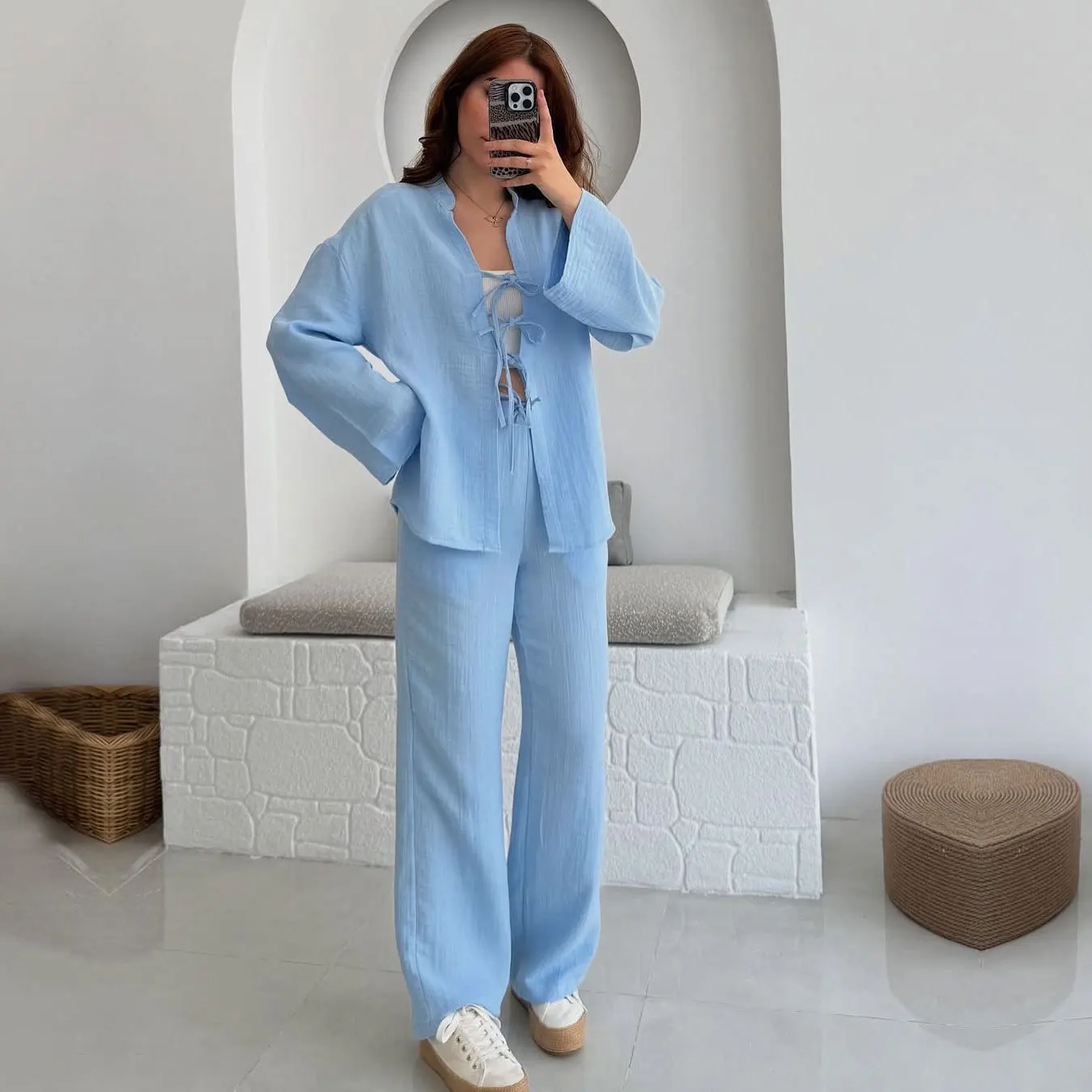 

Summer Autumn Cotton Two Piece Set Women Outfit 2025 Solid Color Lace-up Long-sleeve Cardigan Casual Trousers Wide Leg Pant Sets