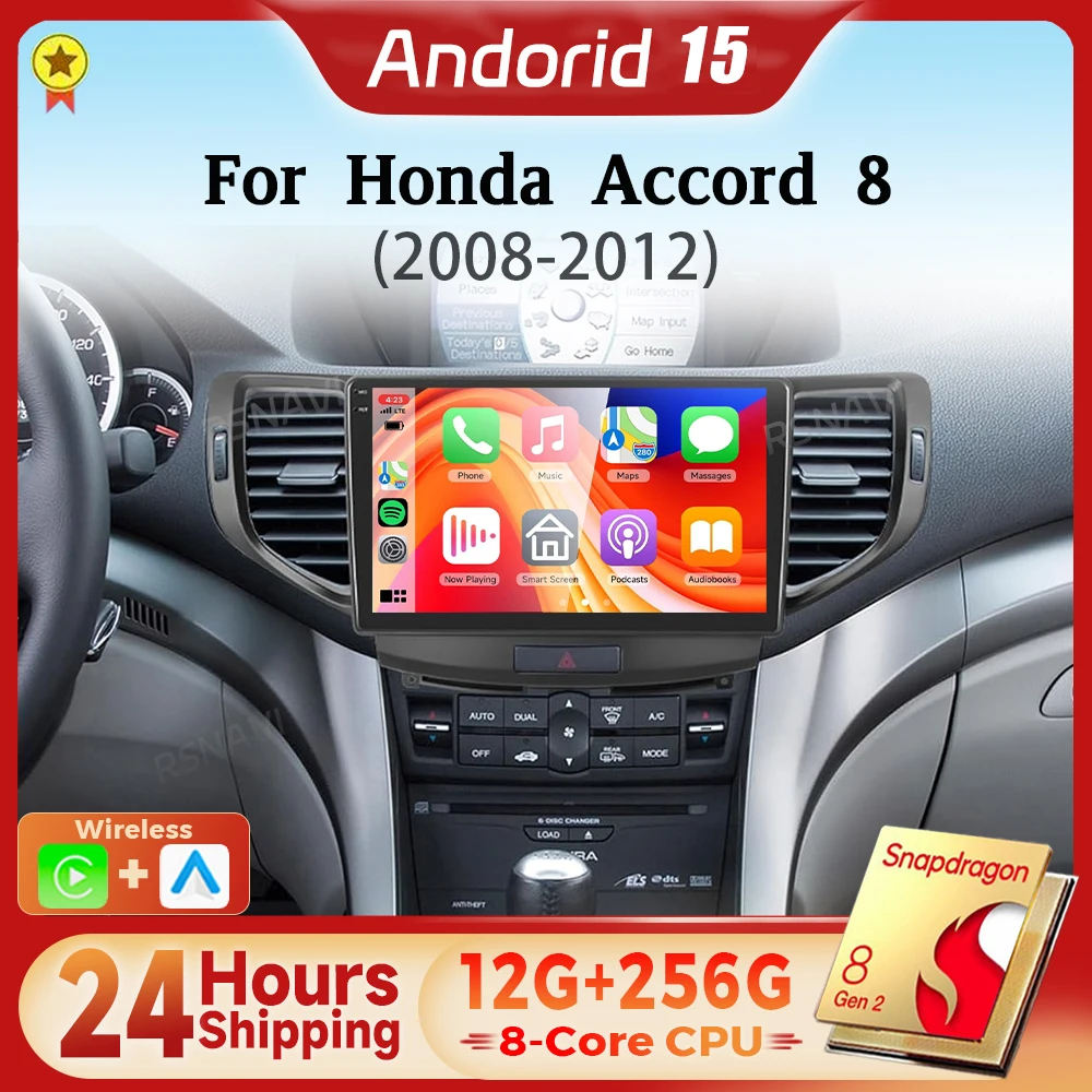 Android 15 Qualcomm Carplay Auto 2K Screen Car Radio Multimedia Player For Honda Accord 8 2008-2012 Autoradio Stereo Head Unit
