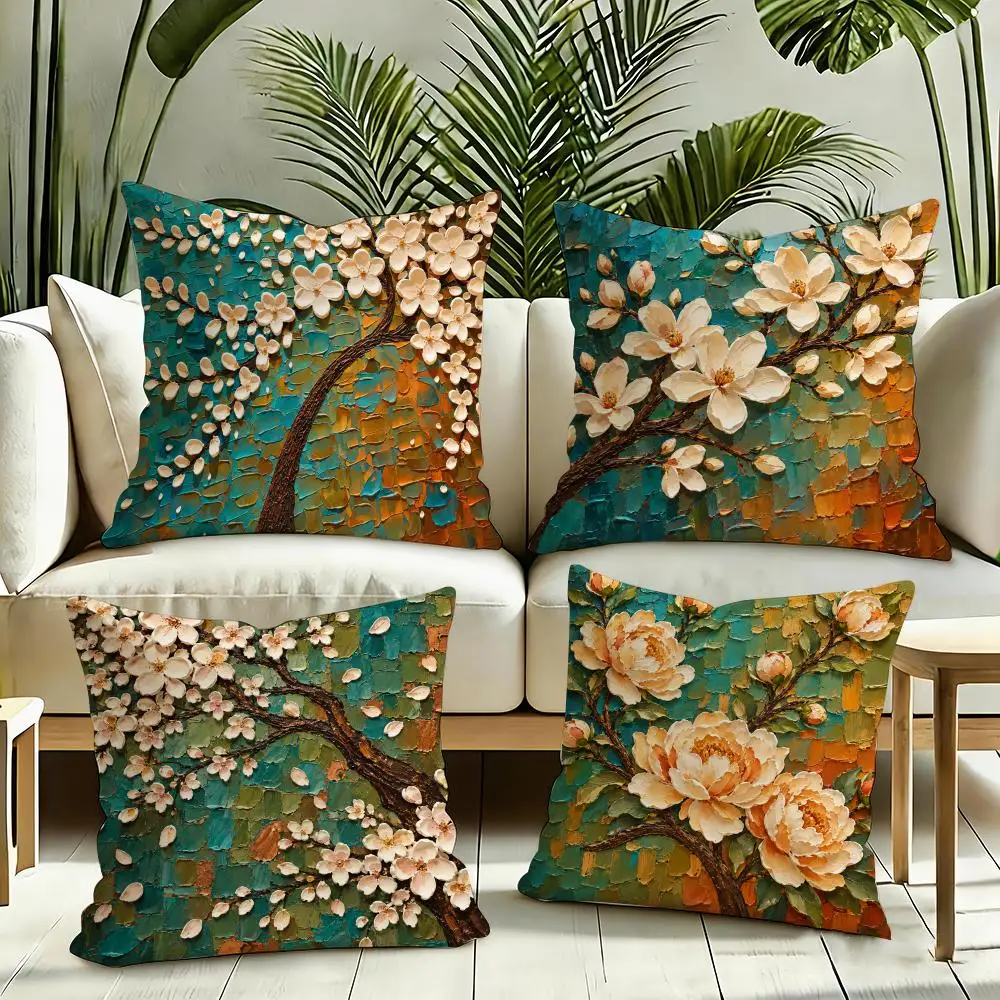 Modern Flowers and Foliage Cushion Cover Reversible Plush Pillow Cover Soft Fluffy  Home Decor for Sofa Bedroom