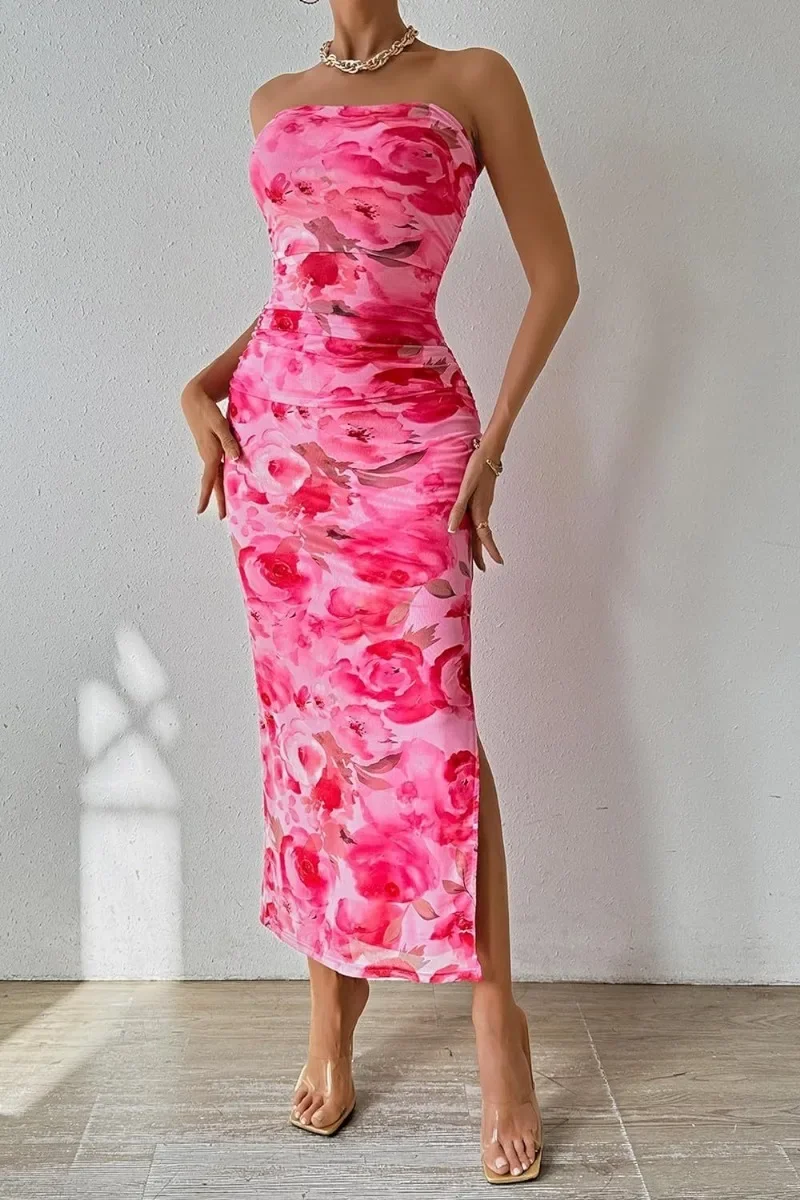 

Summer Women Sexy Chestless Hem Slit Sleeveless Printed Dress Y2k French Elegant Evening Dresses New Long Bohemian Dress Платье