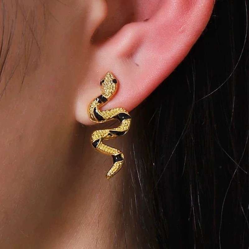 شخصية المعادن بيند الأفعى أقراط للنساء الذهبي الفضة اللون الحيوان شريط أسود استرخى أقراط قطرة خمر مجوهرات هدية