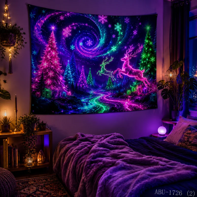 VIKAMA Spiral Nebula Neon Reindeer Christmas Tree Gift Box Christmas Tapestry Background Hanging Cloth Living Room Decoration