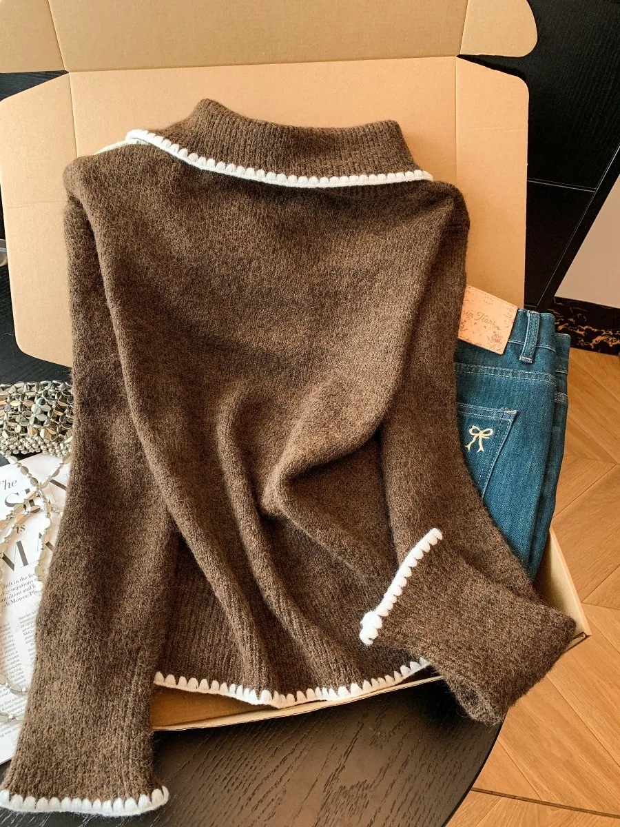 เสื้อไหมพรมถักพร้อมผ้าพันคอ ดีไซน์ใหม่สำหรับผู้หญิง ฤดูใบไม้ร่วง ฤดูหนาว สไตล์เกาหลี แฟชั่นลำลอง เสื้อคลุมคาร์ดิแกนแบบเปิด