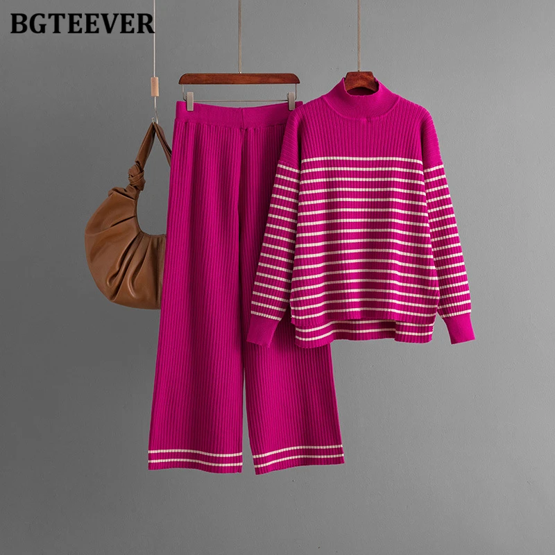 BGTEEVER Casual Warm Loose Female 2 Pieces Sweater Set Long Sleeve Striped Pullovers Female Wide Leg Pants Autumn Winter Outfits