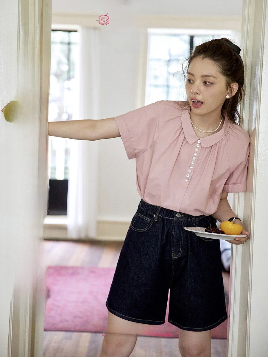 

Ретро-рубашка с воротником-стойкой и пуговицами, летняя, приталенная, с коротким рукавом, женская, модная, хлопковая, повседневная, свободного кроя