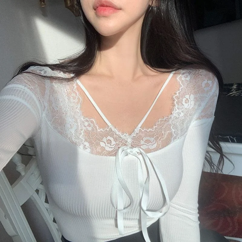 

Sexy Lace Splice Slim Fit Knitted Sweater by 51STUDIO LJ377 Women's Fashion Commute Style Long Sleeve Spring Season