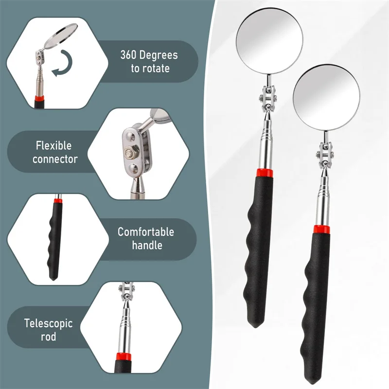 360° Inspection Mirror LED Light Telescoping Mirrors Extend Mechanic Tools Inspection Mirror Telescopic Handle Repairing Tools