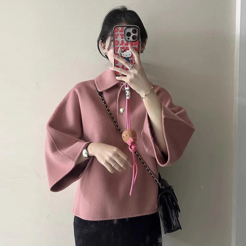 Chic Autumn Winter Short  Collar Loose Casual Wide Leg Sleeve Woolen Jacket Women\'s Top Fashion Trend Vintage Style
