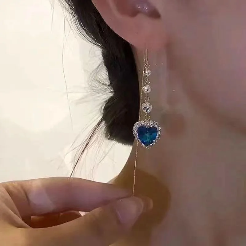 Exquisitos pendientes de circón en forma de corazón para mujeres y niñas, pendientes largos de lujo con borla, pendientes colgantes, regalos de joyería para fiesta y boda