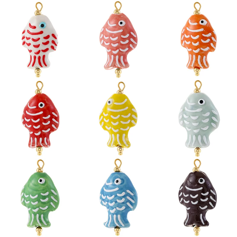 Hand Painted Ceramic Fish Charms Cute Fish Pendant Lucky Abundance Amulet DIY Necklace Bracelet Jewelry Making Craft Gift:VD2349