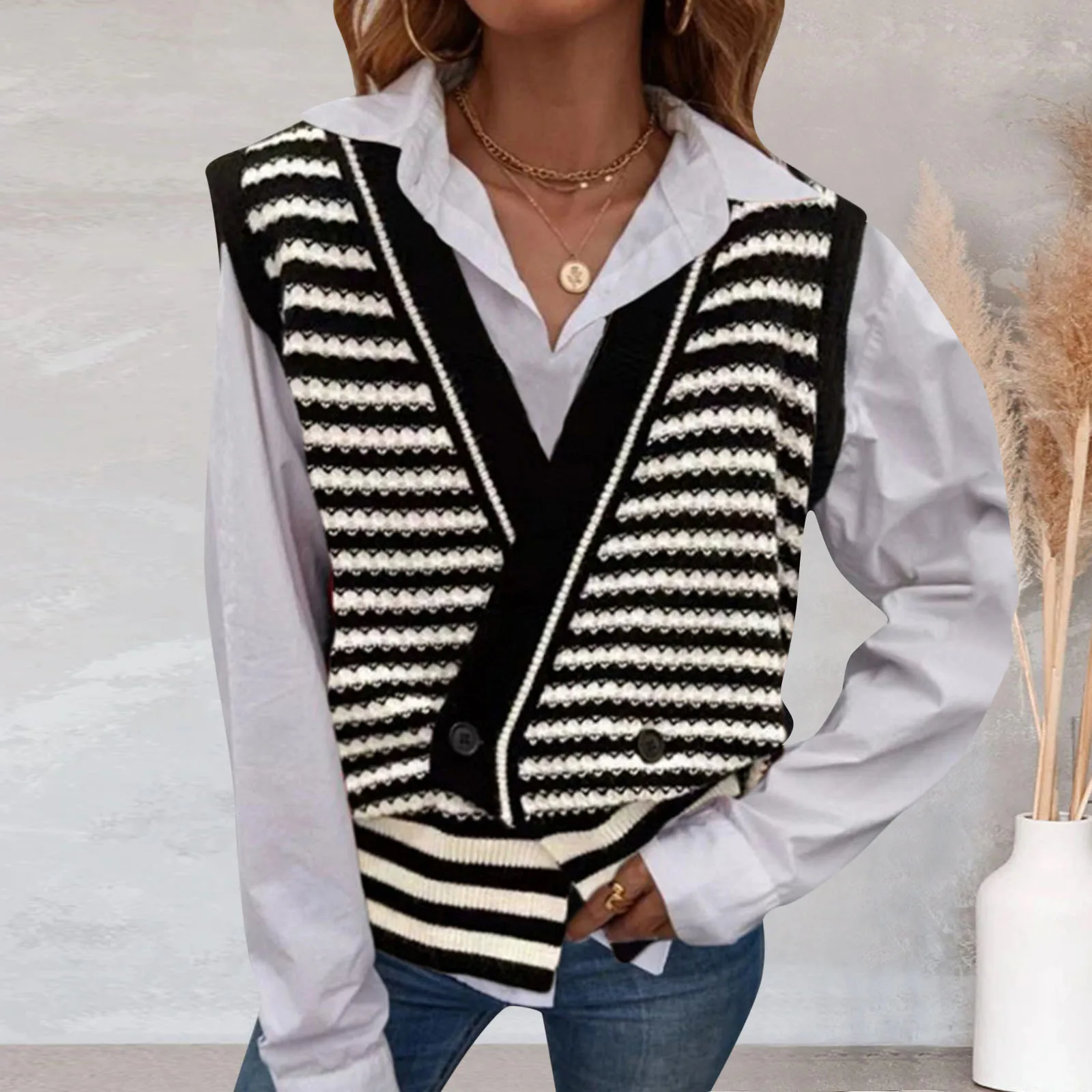 

2024 Autumn Knitted Vest Women Oversized V Neck Knit Sweater Vest Striped Print Tunic Sleeveless Tops Female Button Down Coat