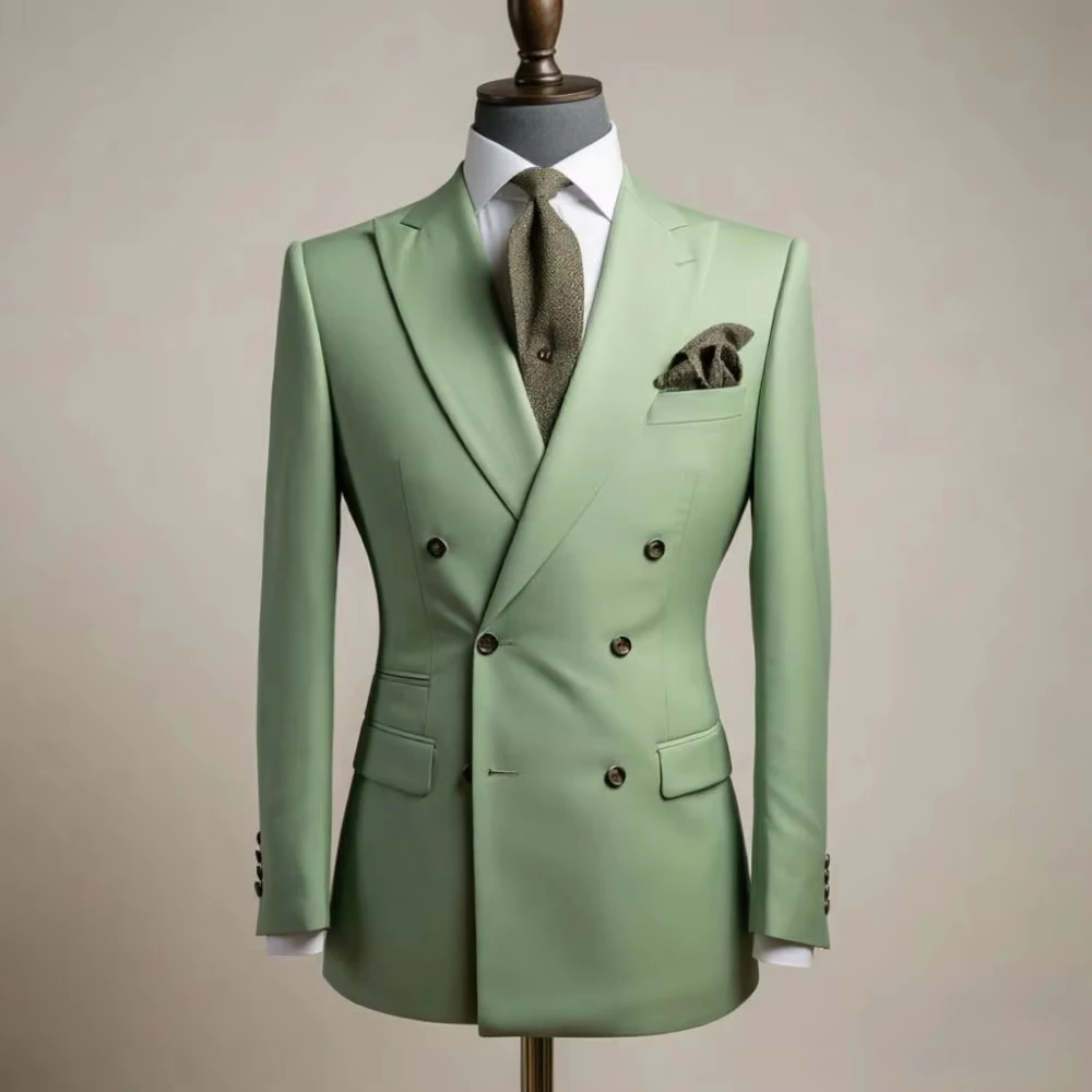 Elegant Men Matcha green Double Breasted 1 Piece Slim Fit Wedding Suit Flap Pockets Decorative Cuff Buttons Blazer Groom Prom