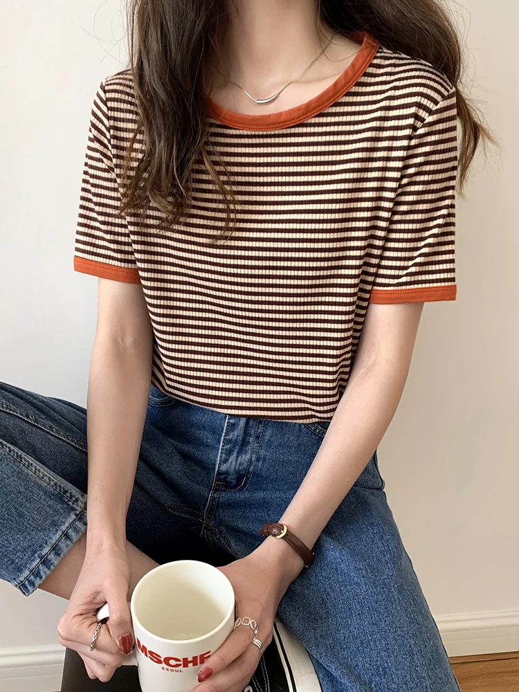 Striped Short Sleeve T-shirt Women\'s Summer New Korean Version Loose Retro Contrast Slim Round Neck Top Women\'s Fashion Casual