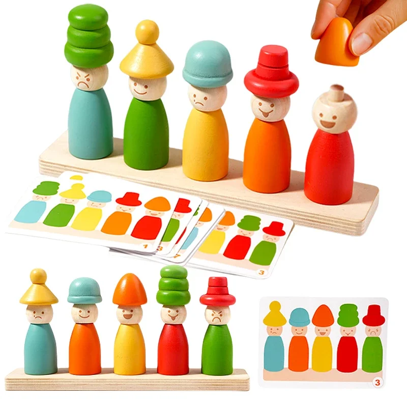 การเรียงลําดับสีของเล่น Montessoris ไม้ของเล่นการเรียนรู้ Fine Motor Skills หุ่นหมวก Face Match Creative ซ้อนของเล่นสําหรับเด็ก