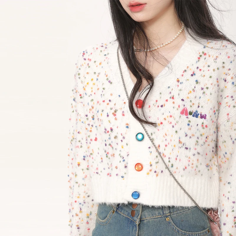 YuooMuoo Chic Fashion Colorful Dots Cardigans for Women Hotsweet Candy Buttons V-neck Long Sleeve Young Lady Sweaters Y2K Tops