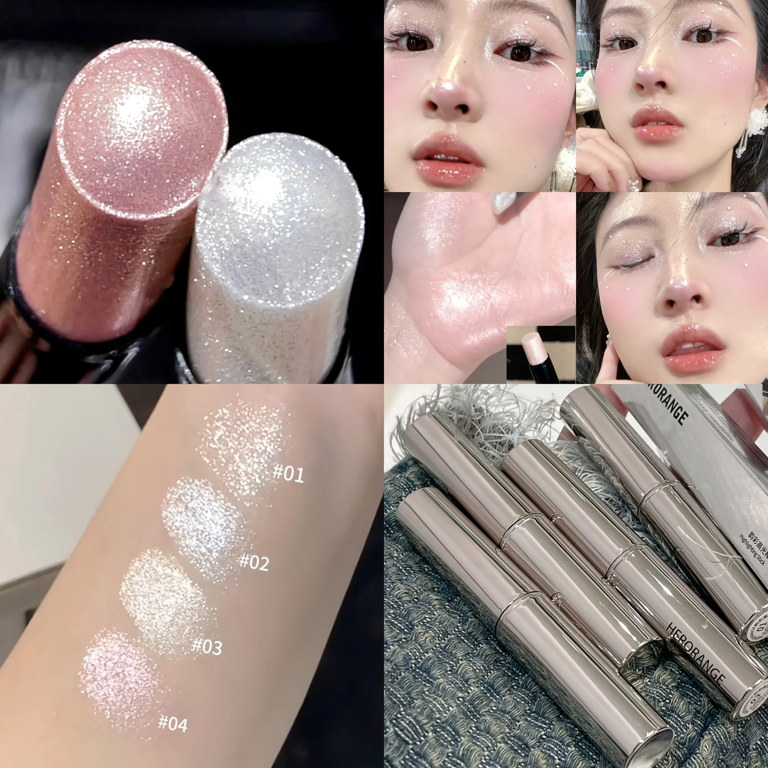 Herorange 防水多機能ハイライトスティック、輝く蛍光パールのような細かいグリッターアイシャドウスティック、明るくする効果、目を引く回転式スティック、輪郭を整え明るくする、自然な立体効果、音楽祭、バレンタインデーのギフト、あらゆる肌色に適しています、初心者にも便利、手頃な価格、内容量1。 5g