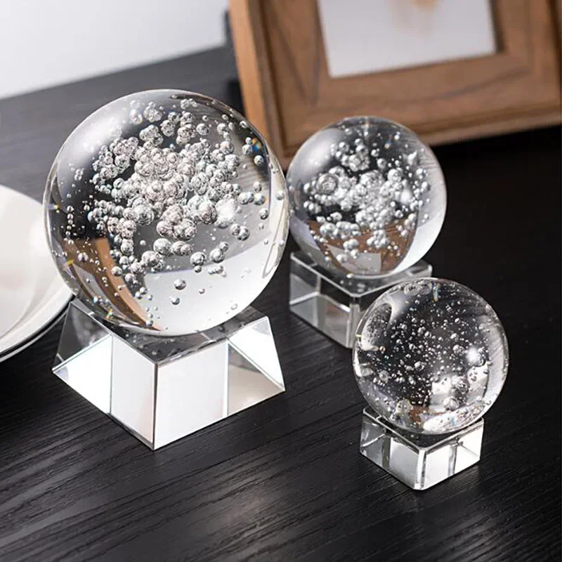 50/60/80/100mm Crystal Bubble Ball with Stand Glass Sphere Feng Shui Ornaments Rockery Running Water Decor Home Office Figurine