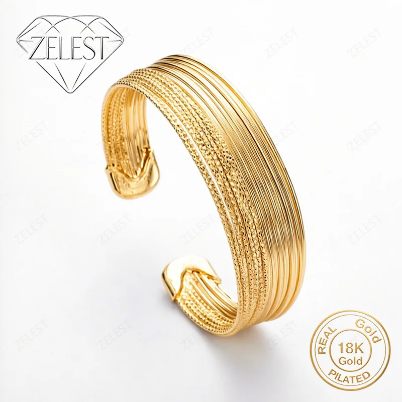 925 Sterling Silver 18K Gold Plated Exquisite Multi-Layer Frosted Open Bangle for Women, Fashionable Party Jewelry Accessories