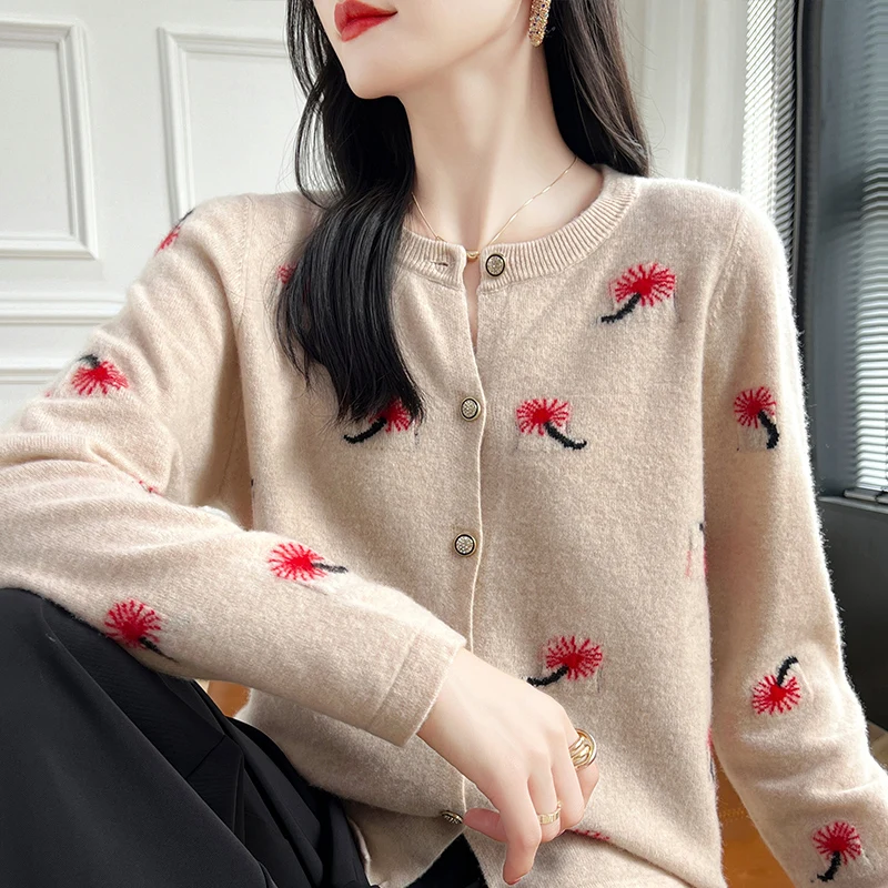 100%Wool Cashmere Cardigan Sweater Women\'s Autumn/Winter O-Neck Knit Long Sleeve Loose Clothing Korean Fashion Embroidery Jacket