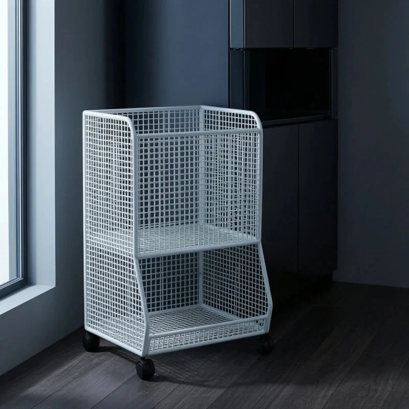 Rolling Laundry Basket Cart 2-Tier Rolling Laundry Cart Metal Ventilated for Bathroom Dorm Room Space Saving Sturdy Frame JJ5421