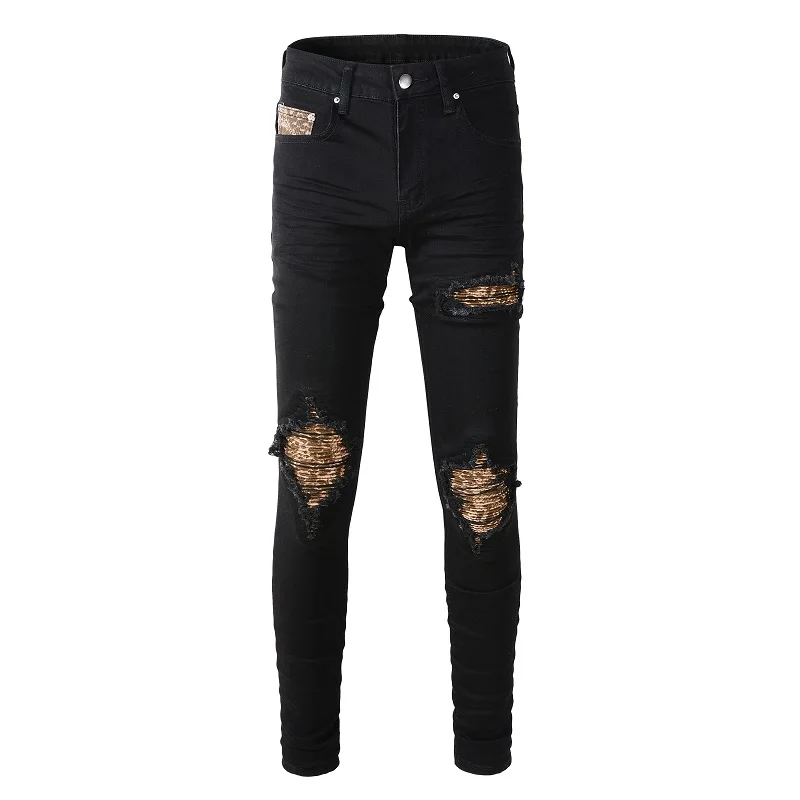 Classical Ribs Patchwork High Street Stretch Distressed Snakes Skin Patches Black Color Slim Fit Ripped Jeans Men