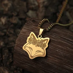 Women's Necklace Exquisite Fox Filigree Flower Stainless Steel Animal Pendant Chains Choker Necklace for Men Punk Jewelry