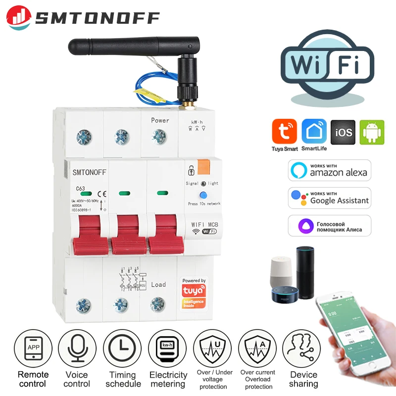 Tuya Smart WiFi 3P MCB RS485 Breaker Prepaid Meter Timer Switch Voltage Current Protector Voice Control Alexa Google Alice