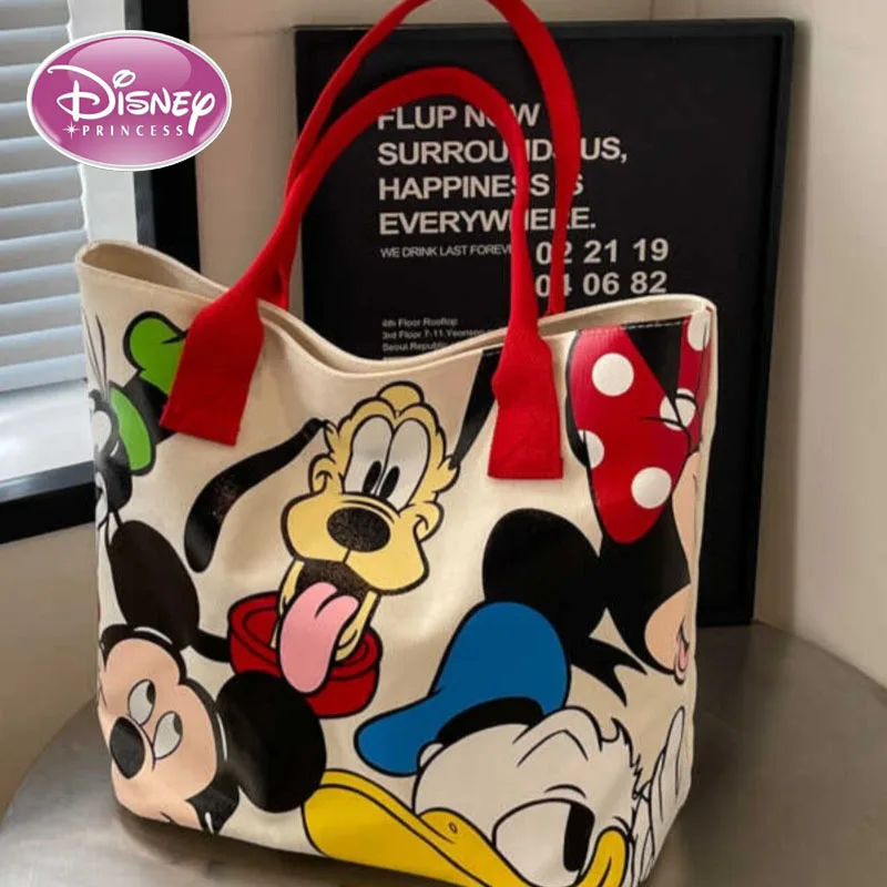 Disney-bolso de hombro de lona con dibujos animados de Mickey para mujer, bolsa de mano versátil, informal, a la moda, para Clase de Estudiante