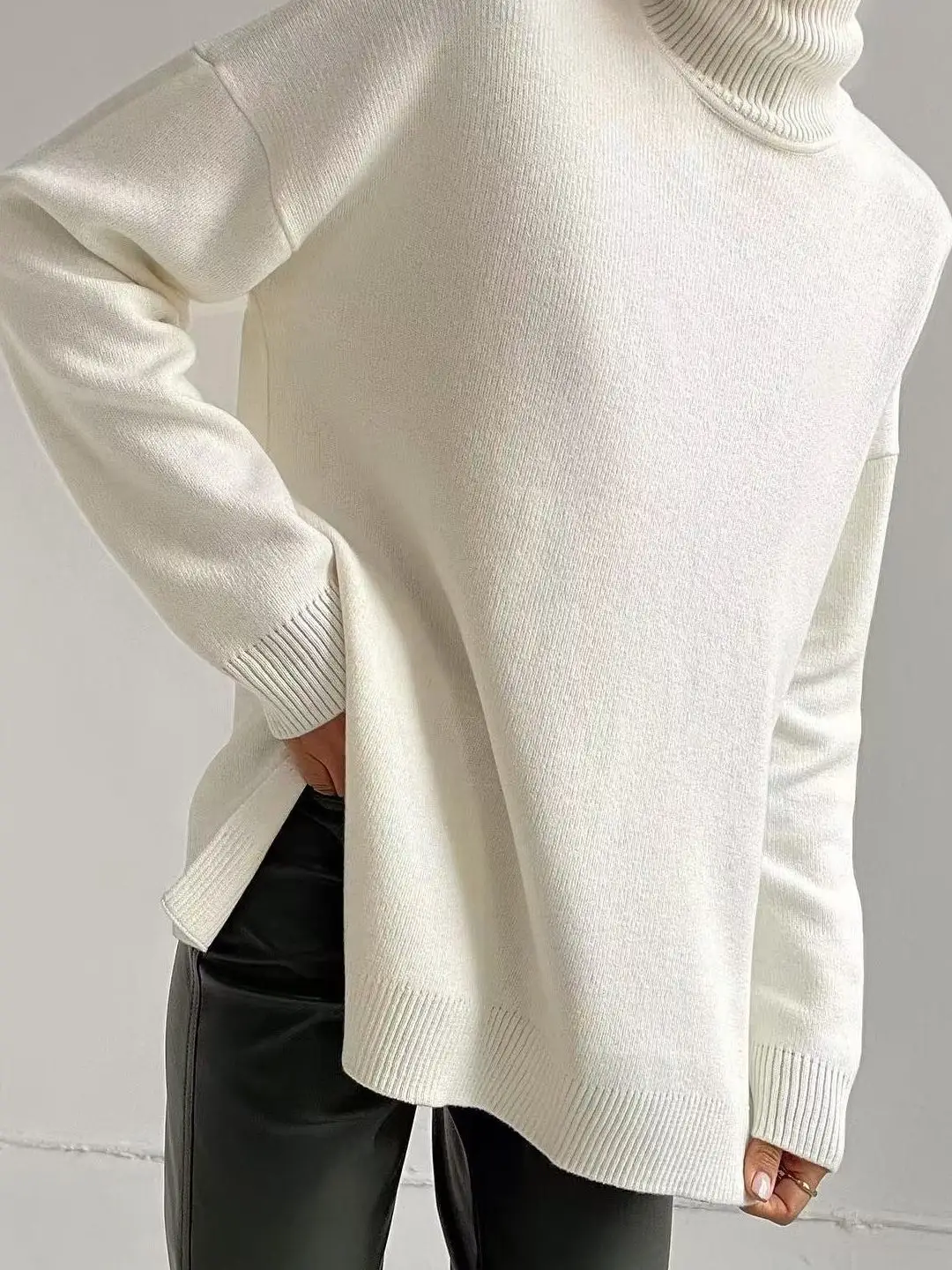 Loose Knitted High Neck Sweater Asymmetric Slit Casual Style Women's Fashion Autumn Wear Comfortable Medium Softness Long Sleeve