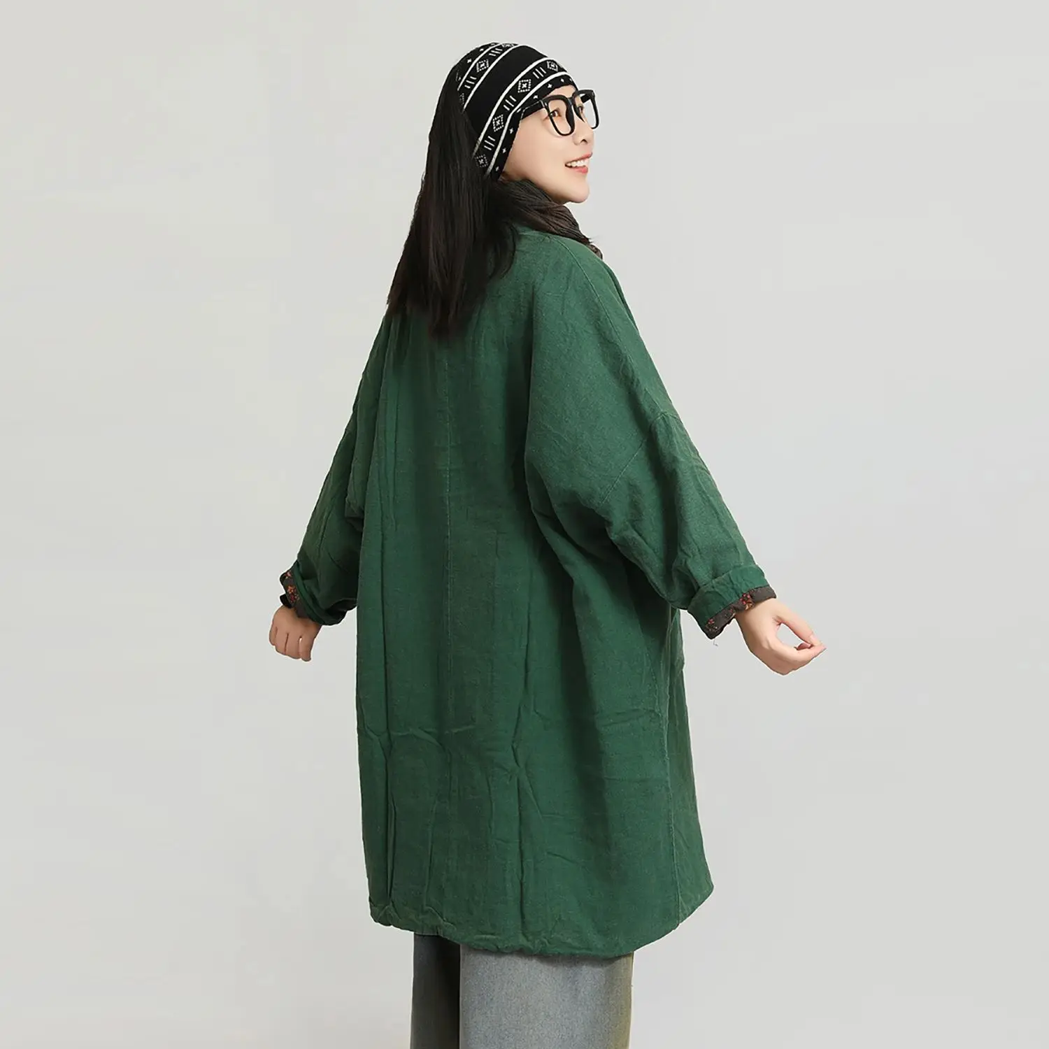 LZJN المرأة الشتاء بلون القطن الكتان خمر Arty فضفاض منتصف طول مبطن الوقوف طوق الضفدع زر معطف الموضة الدافئة #2