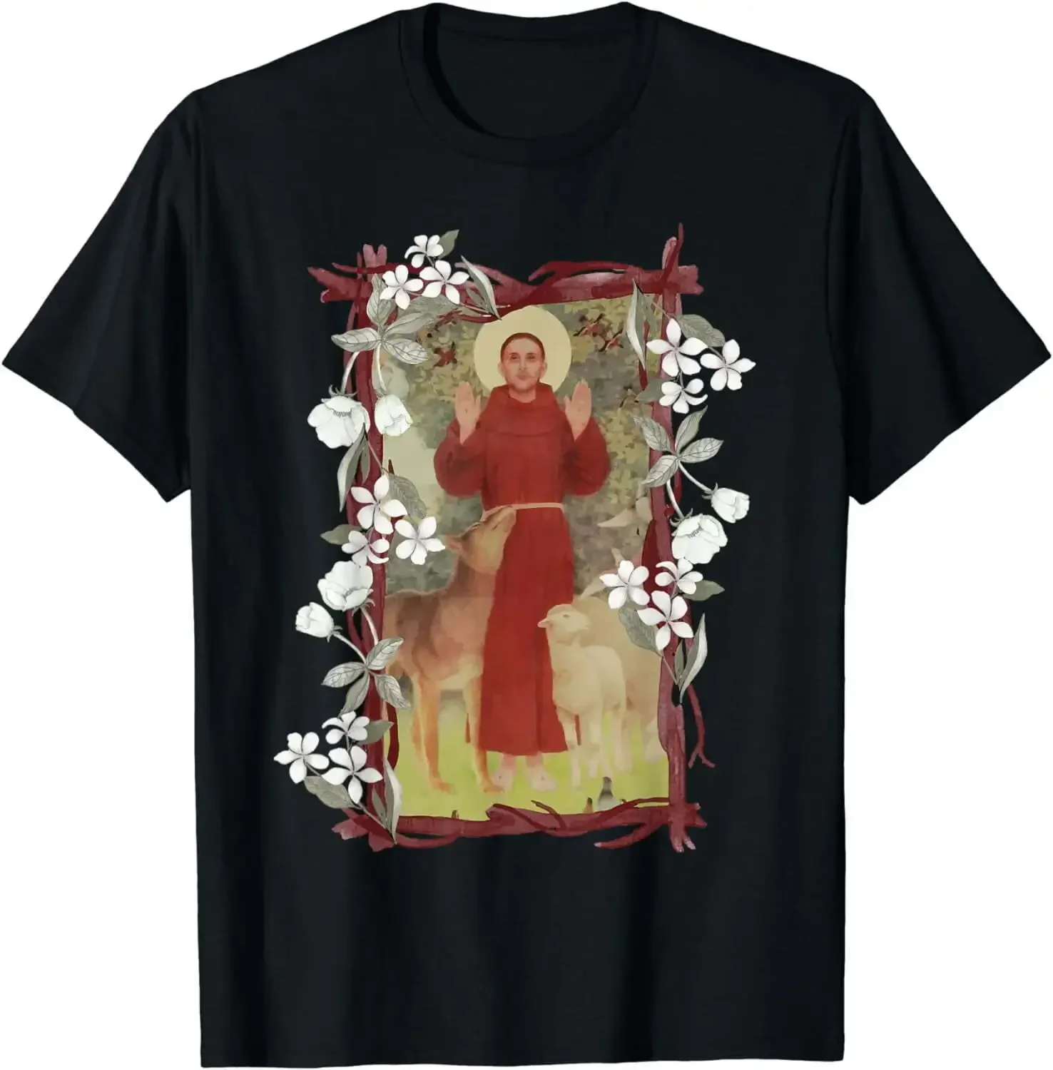 

Vintage St Francis of Assisi Patron of Animals Floral Catholic Saint Printed T-shirt Woman Man Summer Short Sleeves Follower Tee