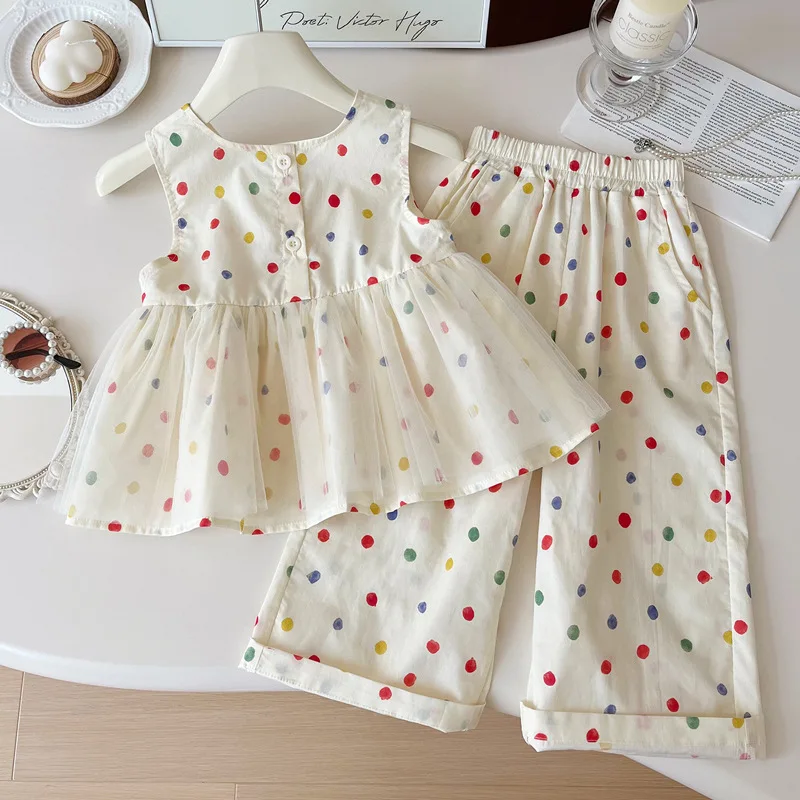 

Children's Suit Summer Girls' Western Style2024New Girl Clothes Fashionable Polka Dot Sleeveless Trousers Two-Piece Suit Fashion