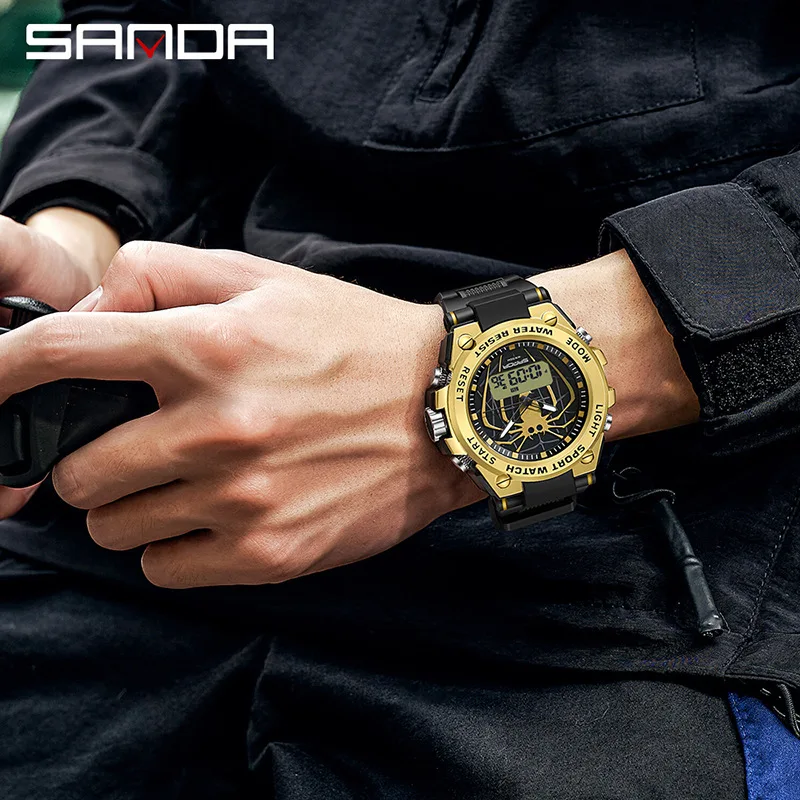 SANDA Spider Men's Watch Waterproof, Luminous, Shockproof, and Anti Drop Dual Time Display Large Dial Student Electronic Watch